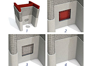 1. 需要维修的损坏部分 2. 去除防火涂层直至底漆，延伸切割网格上面涂层从而暴露出完好的网格 3. 涂刷第一涂层，安装新网格 4. 涂刷第二涂层和面漆